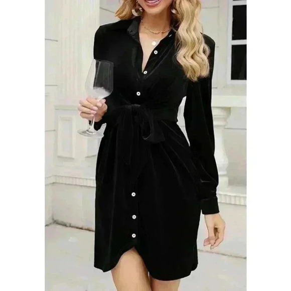 Leadingstar Velvet Button Down Long Sleeve Tie Dress NWT Size M - Picture 1 of 12